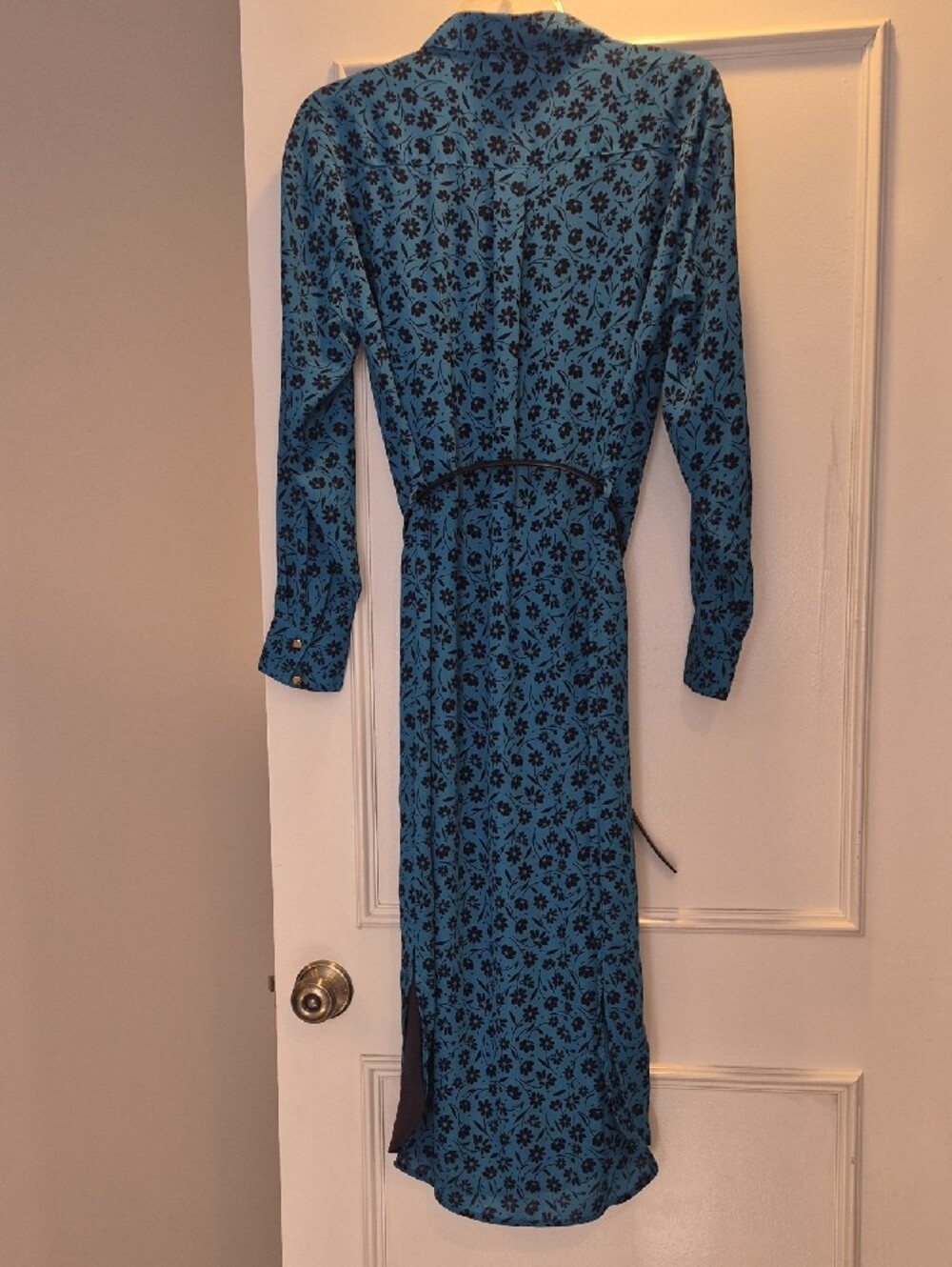 Ann Taylor Teal Blue Long Sleeve Floral Shirt Dress - Picture 2 of 3